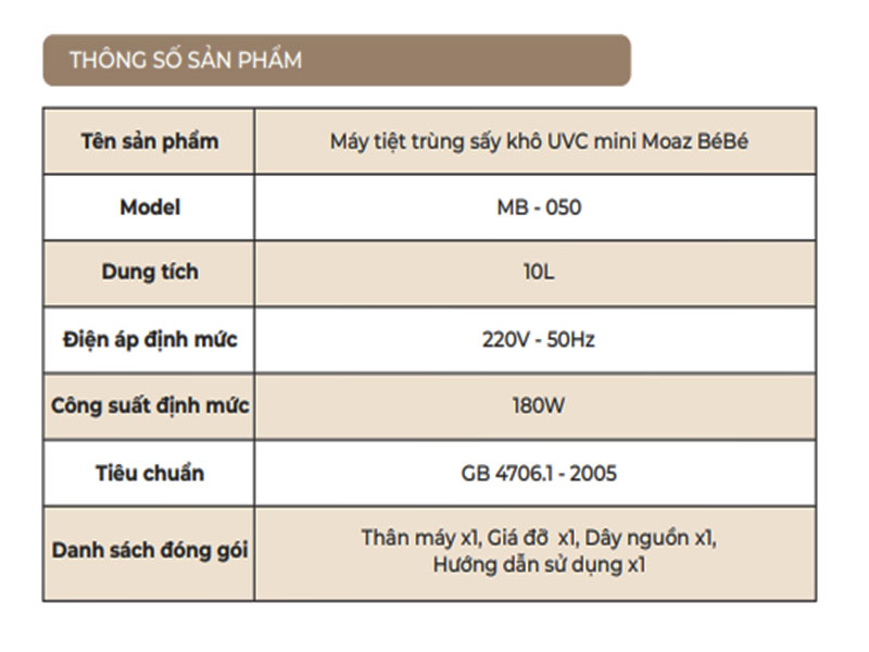 Thông số chi tiết máy tiệt trùng sấy khô UVC Mini MB 050