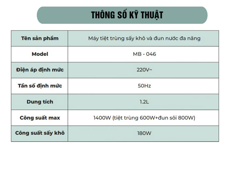 Thông số kỹ thuật máy tiệt trùng sấy khô và đun nước đa năng