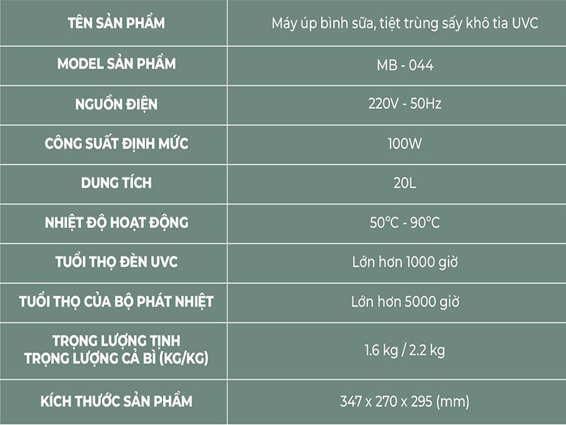 Thông số kỹ thuật máy úp bình sữa, tiệt trùng sấy khô tia UVC